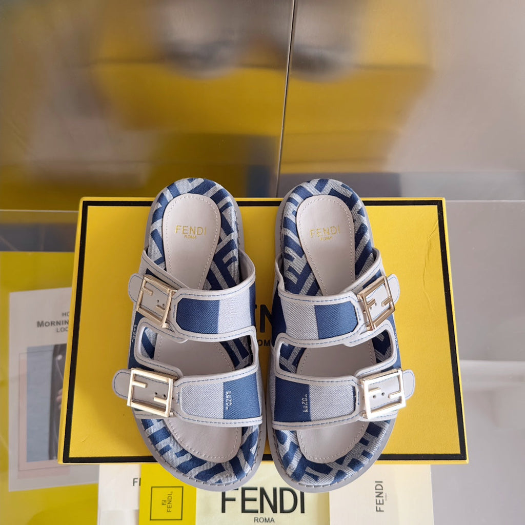 FENDI DAD SANDAL IN NAVY BLUE MIX WHITE MONOGRAM JACQUARD FABRIC