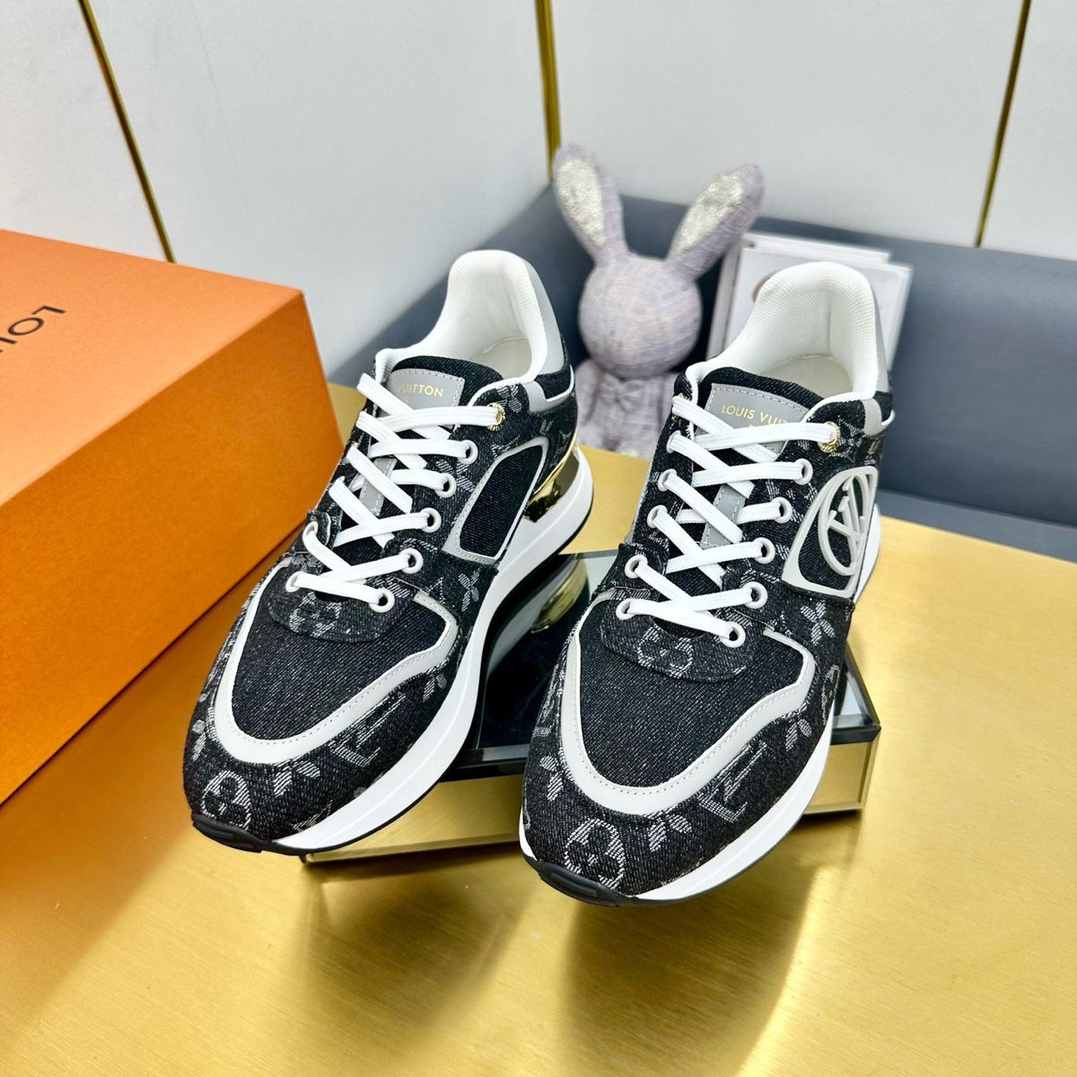 NEO RUN AWAY SNEAKER IN BLACK MONOGRAM DENIM FABRIC