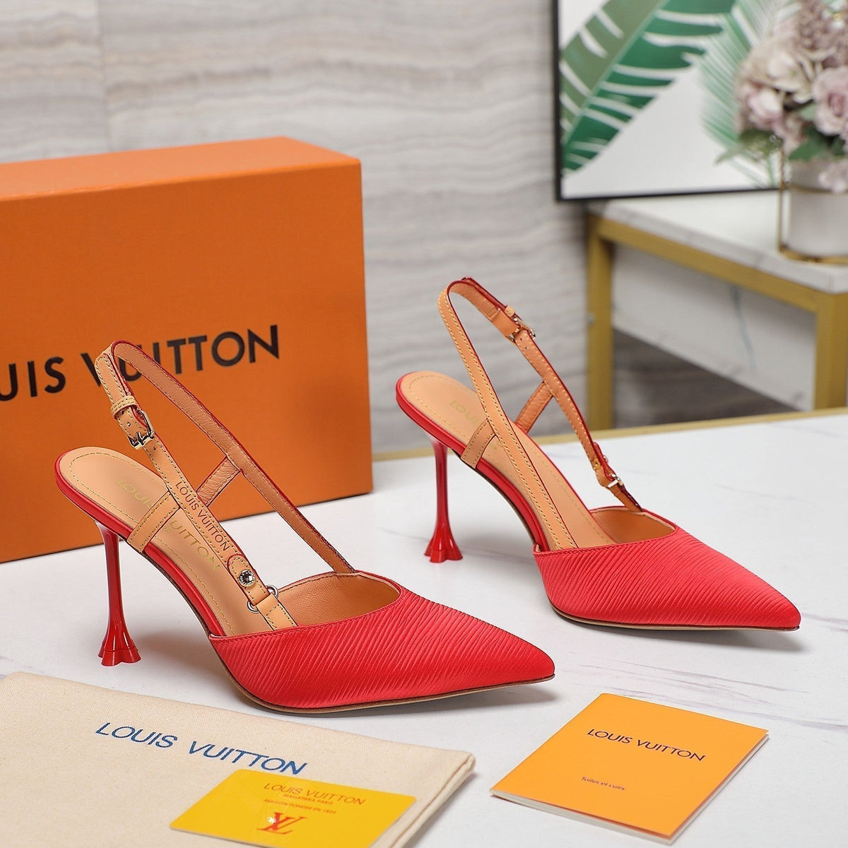 LV WOMEN BLOSSOM SLINGBACK PUMP IN CHERRY RED EMBROIDERED FABRIC